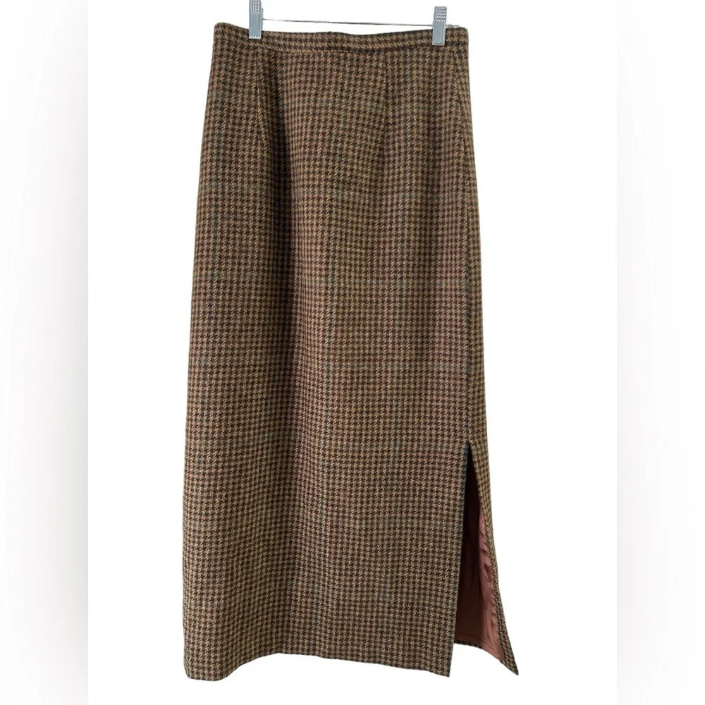 Tailored Brown Houndstooth Midi Skirt with Side Slit